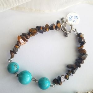 Genuine Gemstone Tiger Eye & Turquoise Howlite Stone Toggle Bracelet NWT